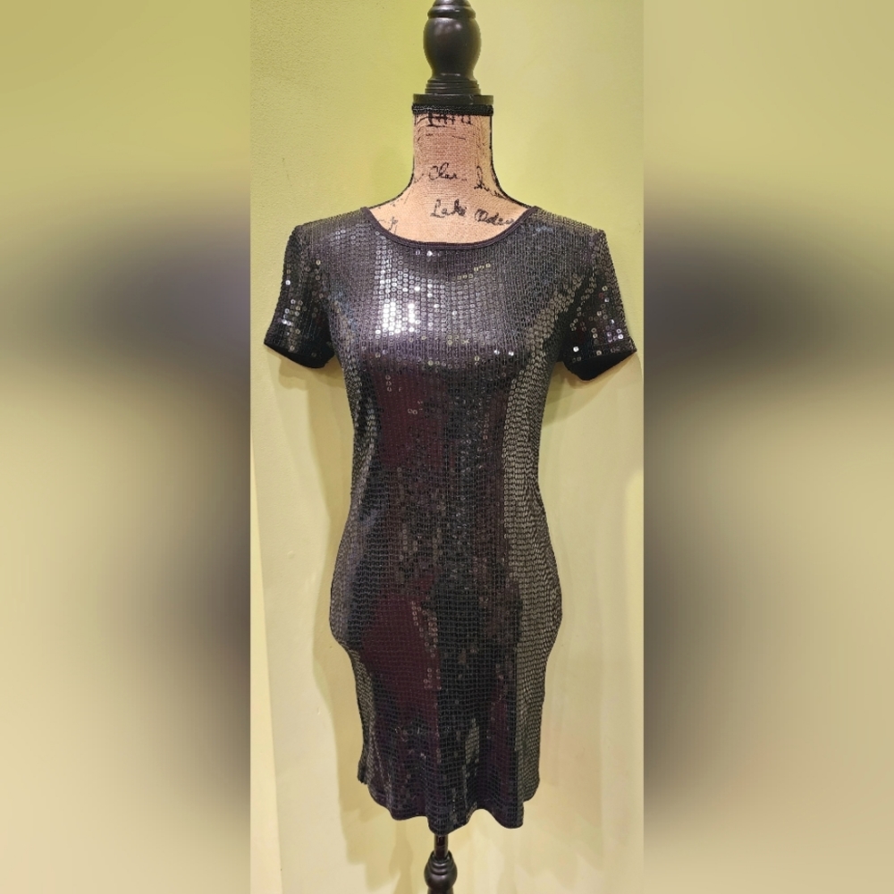 Michael Kors Black Sequin shirt sleeve Mini Dress, Size small